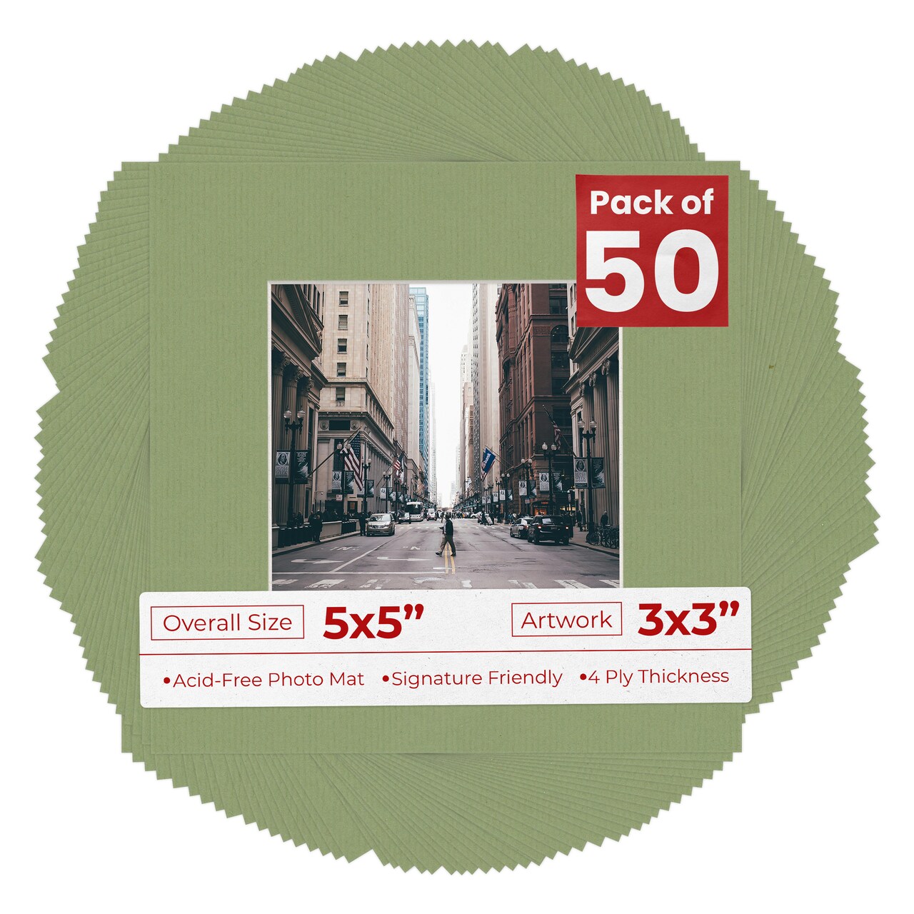 Palm Leaf Green Mat Board for 5x5 Inch Frames - Fits 3x3 Photos